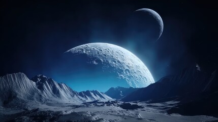 Generative AI panorama of the moon's surface against a dark space background, ideal for astronomy websites, science education materials, or space mission visual projects.