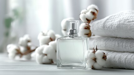 A bottle of perfume sitting on top of a pile of towels