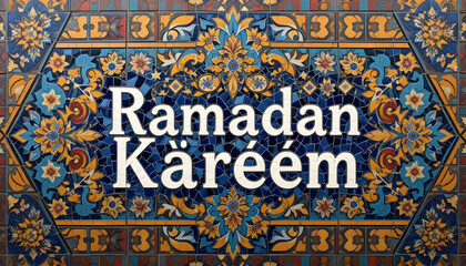 Naklejka premium A colorful tile background with Ramadan Kareem written in white text
