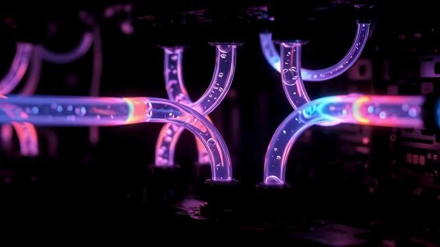 Close-up of Liquid Cooling Tubes with Bubbles and Neon Lights in a High-Performance Computer System, Tech Hardware and Overclocking Concept 4k Motion Video loop Animation