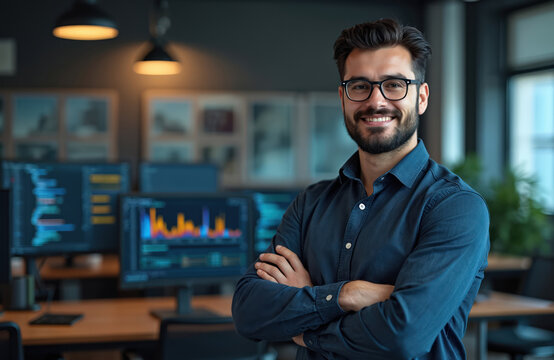 Smiling man with glasses in dark blue shirt arms crossed. He is in office with computer screens showing charts and code. Represents tech worker.