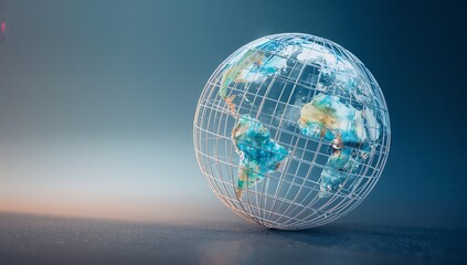 Artistic rendering of a wireframe globe showing continents like south america and africa against a moody blue background representing global concepts and connectivity