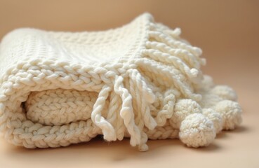 Fluffy warm light cream knitted blanket is folded. Woolen handmade soft cover with fringe and pom poms. Cozy home decor element in simple style.