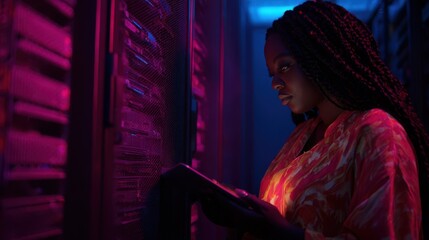 Medium shot featuring an IT expert managing a server room filled with racks for digital document preservation.