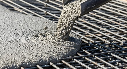 Wet concrete being poured from chute onto steel rebar mesh at construction site for foundation slab building process showing liquid cement texture and industrial reinforcement grid development work