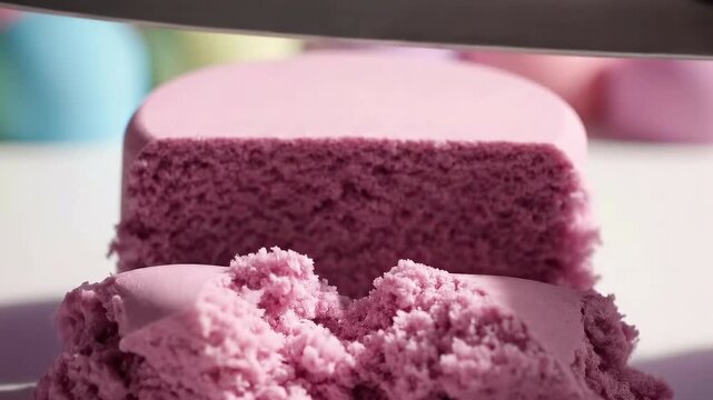 Silver blade slicing through shaped pink sand block. Granular texture crumbling in slow motion. Oddly satisfying sensory activity for stress relief and relaxation.
