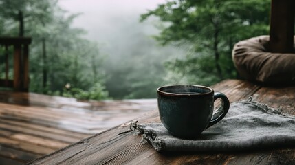 A cup of coffee on a wooden table