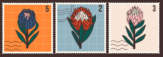 Vintage hand drawn protea flowers postage stamp set . Retro vector collection of floral mail stickers with grid background and postal cancellation marks. South African botanical philately design