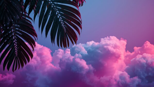 Dark tropical palm leaves frame a dramatic sunset sky filled with vibrant pink and purple illuminated cumulonimbus clouds creating a dreamy aesthetic backdrop - Powered by Adobe