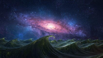 Dark mysterious ocean waves cresting dramatically beneath a vibrant swirling spiral galaxy and countless bright stars illuminating the deep cosmic night sky