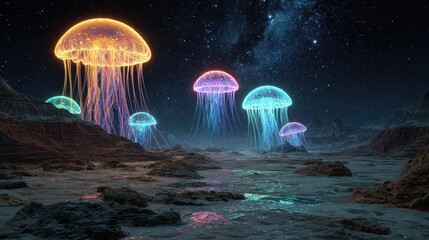A group of jellyfish floating in a rocky area