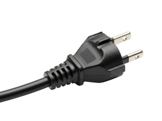 Electrical power plug with two metal prongs and a flexible cord isolated on a transparent background