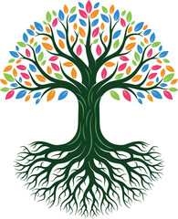 Tree of life with colorful leaves and deep roots, vector illustration of a vibrant nature symbol, growth and diversity concept