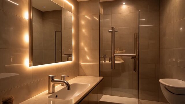 Modern bathroom interior with sleek sink and illuminated mirror facing glass-enclosed shower area and toilet