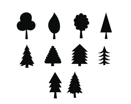 Tree icon set - forest, nature, environment and ecology vector symbols. Silhouette of fir tree. Isolated on white background,