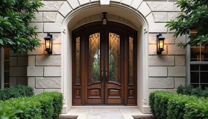 Elegant dark wood double doors with ornate glass panels, wrought iron accents. Stone facade arch frames inviting entrance to grand modern residence. Wall lanterns illuminate pathway, creating warm