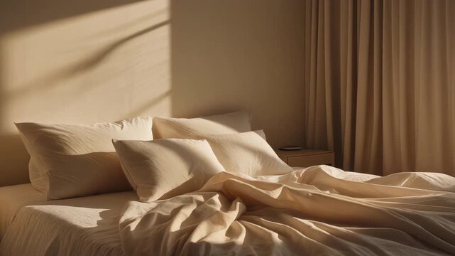 Soft morning light casts a warm glow on a rumpled bed with scattered pillows in a serene bedroom setting