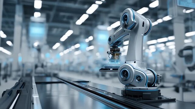 Industrial robotic arm on a production line in a modern factory with a futuristic and technological mood.