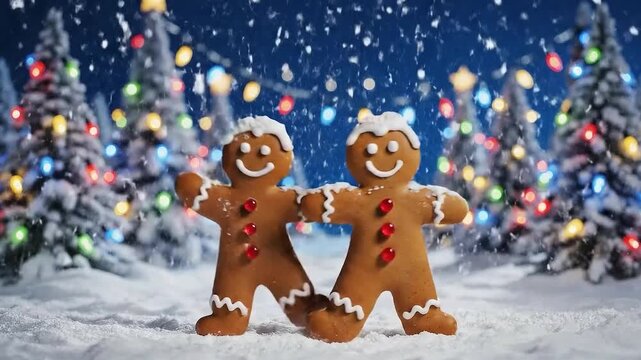 Two gingerbread men dancing in the snow surrounded by festive Christmas trees and lights celebrating winter holiday.