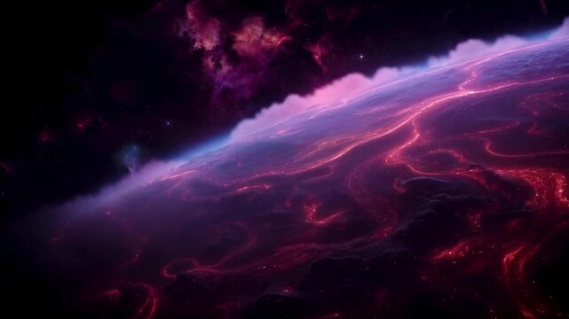 Cinematic View of a Volcanic Exoplanet with Glowing Lava Rivers and Dark Clouds in Deep Space, Fantasy Cosmic Landscape for Science Fiction Background 4k Motion Video loop Animation