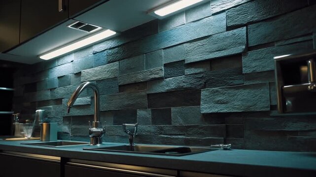 Modern kitchen sink area with sleek faucet and dark stone backsplash under bright overhead lighting
