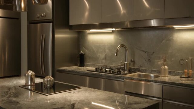 Modern kitchen interior with sleek stainless steel appliances and marble countertops viewed from a central perspective