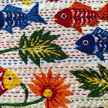 Colorful kantha embroidery pattern with fish and flowers
