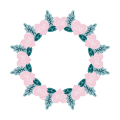 Vector round decorative frame with pink hearts and text LOVE, perfect for Valentines day card, wedding invitation and so one.
