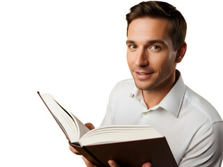 Confident man reading a book and looking at camera, isolated on white