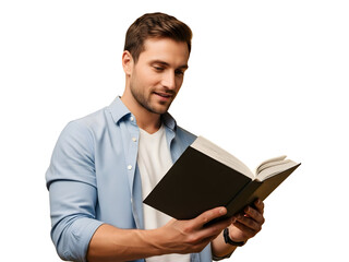 Young man reading a book, casual style, isolated on white background