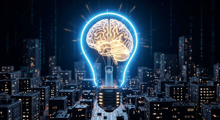 A brain inside a glowing lightbulb in a cityscape, representing idea, intelligence, and innovation, surrounded by binary code, concept for technology or future