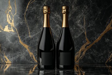Two champagne bottles with gold foil highlights stand tall against luxurious black and gold marble background. Warm lighting adds elegance. Neural network AI generated