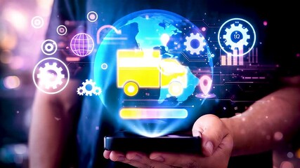 Smart Logistics and Delivery Network Displayed Above Smartphone With Global Shipping Data, Transport Management and Digital Supply System - Powered by Adobe