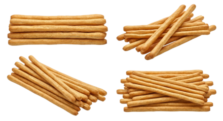 Golden Breadsticks Stacked and Scattered - Isolated on White Background