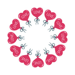 Vector round decorative frame with red hearts and text LOVE, perfect for Valentines day card, wedding invitation and so one.