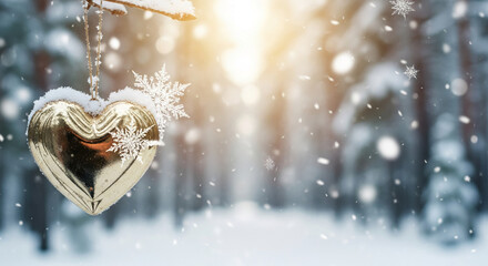 Golden heart ornament covered in snow on branch, with snowflake and blurry winter forest background, representing love, festivity, and holiday cheer