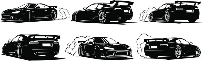 Drifting sports car silhouette, black and white vector, tire smoke effect, racing motion, speed art, dynamic vehicle pose © Saiful Islam
