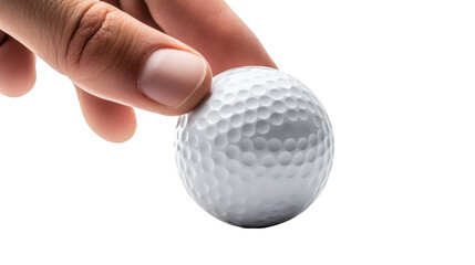 Hand holding golf ball close-up on transparent background