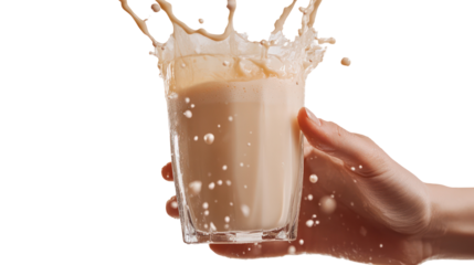 Hand holding glass of milk splash on transparent background