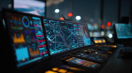 Medium shot of advanced digital twin technology visualizing adaptive air traffic control equipment enabling predictive analytics and efficient resource allocation.