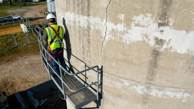 Worker inspecting concrete silo exterior with safety gear assessing damage before repair in an agricultural processing plant.