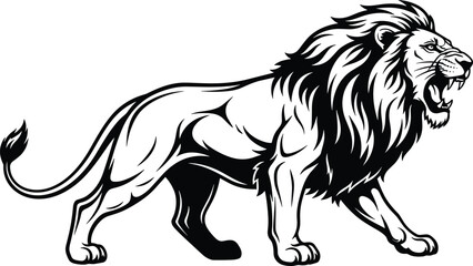 Black and white lion illustration, roaring powerful wild animal mascot design, aggressive big cat vector artwork, strength, courage, logo branding © Montaha Creatives