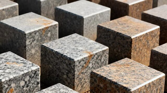 Medium shot focusing on textured granite blocks with speckled finishes arranged outdoors highlighting durability for construction and architectural use.