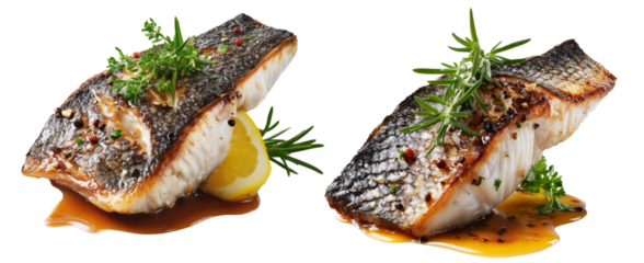 Grilled or pan-seared native Australian Barramundi fish fillet with crispy skin, garnished with herbs and lemon wedge, on white