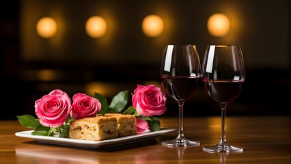 A romantic dinner setup with wine glasses, cake, and pink roses on a wooden table in a dimly lit restaurant