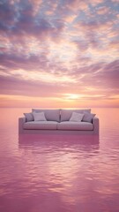A serene and surreal scene of a couch floating on calm water at sunset