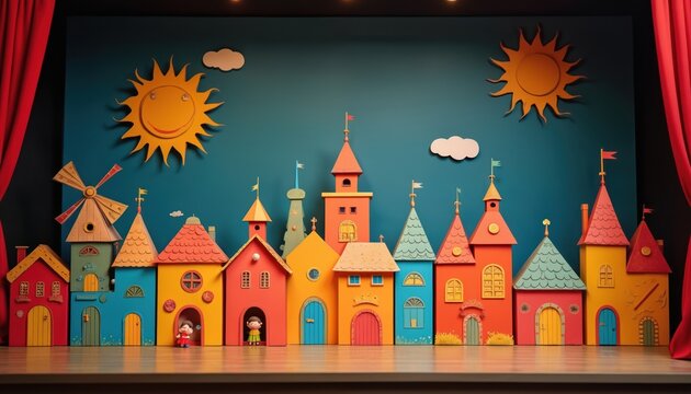 Colorful cardboard town displayed on puppet stage with playful figures and sun. Childrens handmade village with windmills and towers. Imagination and fantasy scene.