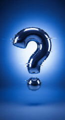 Metallic question mark balloon with glitch effect on blue gradient backdrop, suggesting uncertainty, problem, curiosity, or technological issue