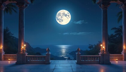Naklejka premium View from terrace on full moon night. Balcony decorated with columns. Ocean view under moonlight with stars. Romantic moon light reflection in sea water. Tourism destination for vacation travel.