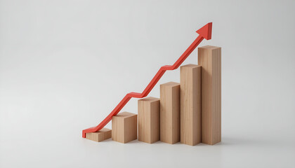 Business growth and financial success concept with rising wooden bar graph and red arrow for corporate annual report banner